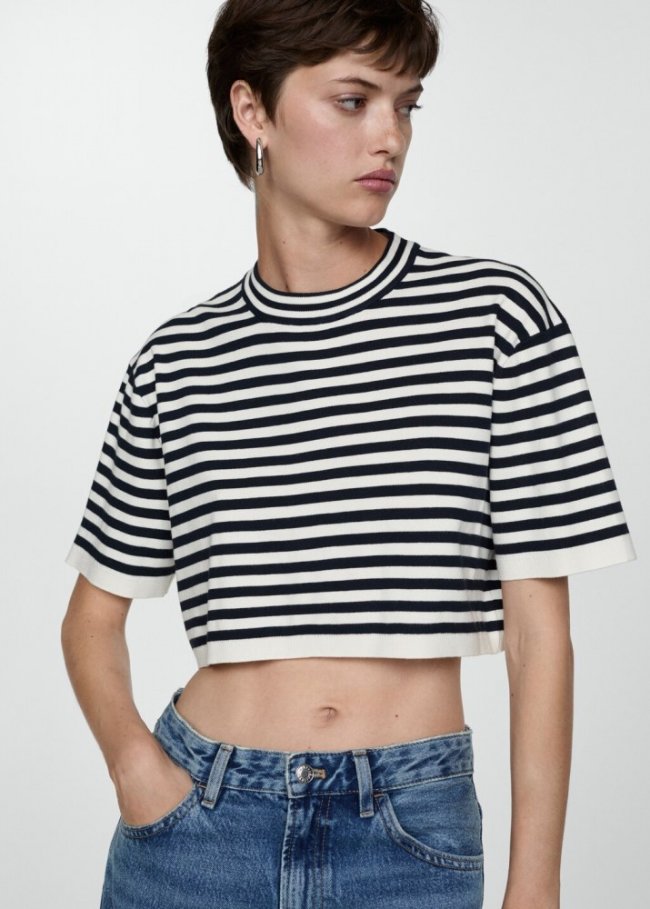 Mango Camiseta crop rayas - Azul marino oscuro