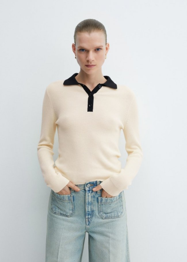 Mango Jersey punto cuello polo - Crudo