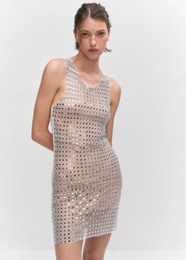 Mango Vestido malla cristales - Plata