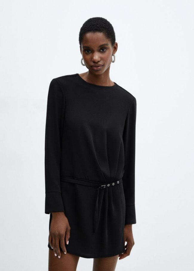 Mango Vestido fruncido cinturón - Negro