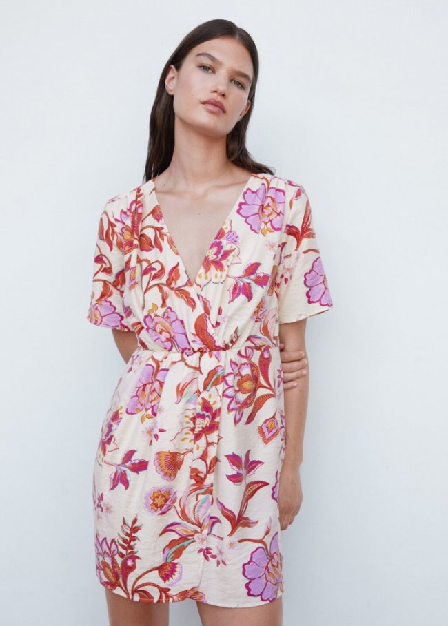 Mango Vestido corto cruzado estampado - Blanco roto
