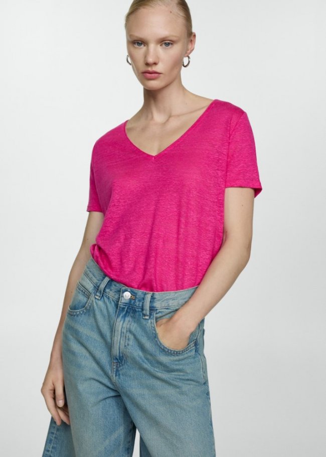 Mango Camiseta lino cuello pico - Fucsia