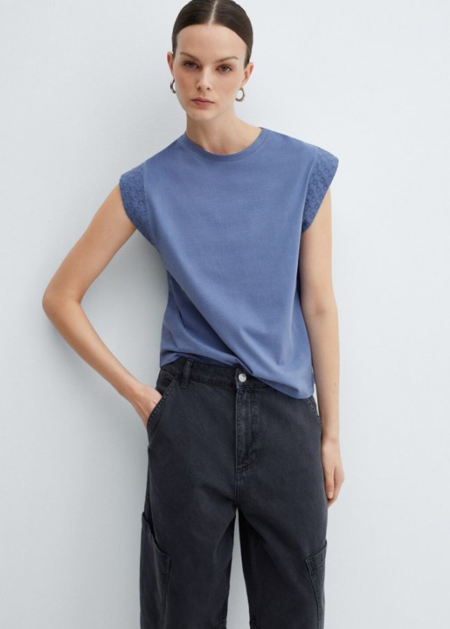 Mango Camiseta manga bordada - Azul