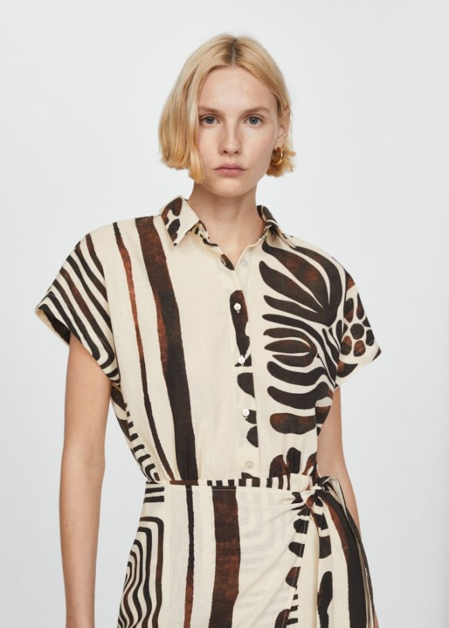 Mango Vestido camisero cruzado estampado - Marrón