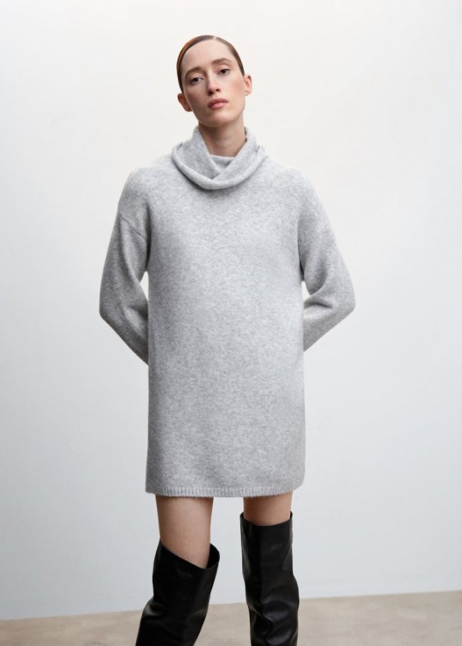 Mango Vestido punto cuello vuelto - Gris claro vigoré