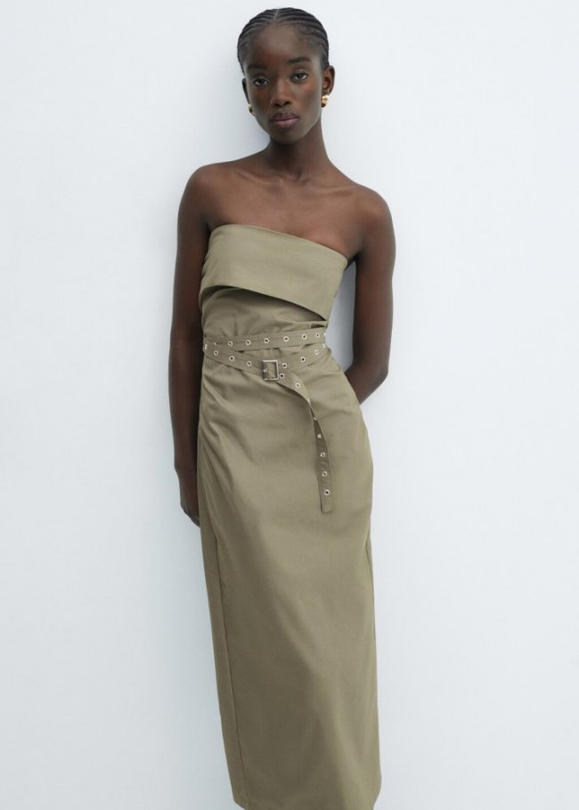 Mango Vestido palabra de honor cinturón - Khaki