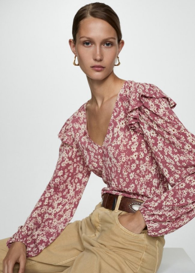Mango Blusa estampada volantes - Rosa