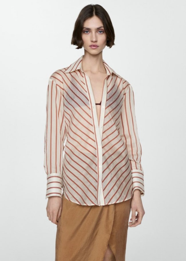 Mango Camisa semitrasparente rayas - Blanco roto