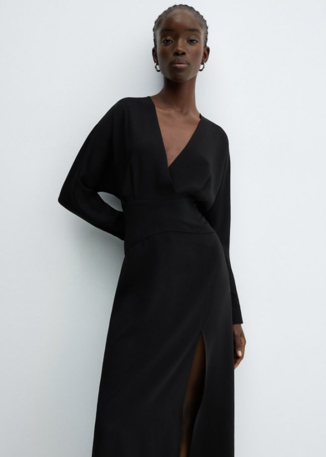 Mango Vestido escote cruzado abertura - Negro