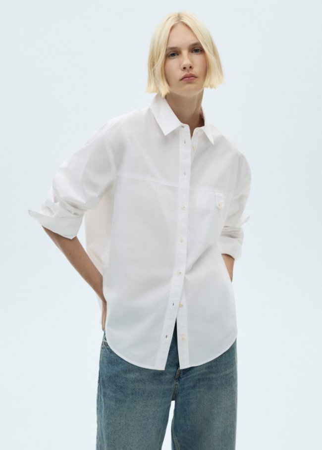 Mango Camisa algodón botón decorativo - Blanco roto