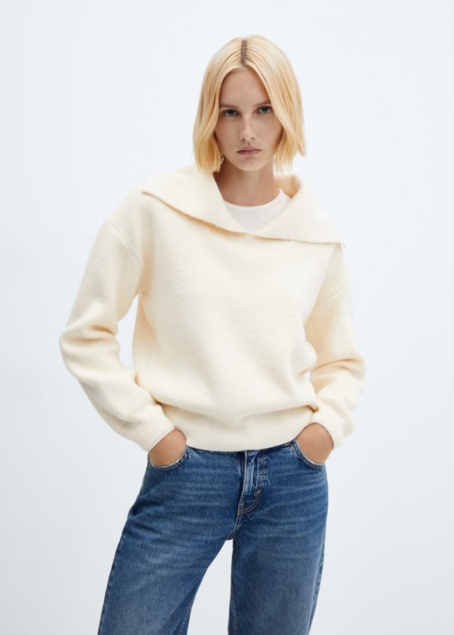 Mango Jersey punto cuello solapa - Crudo