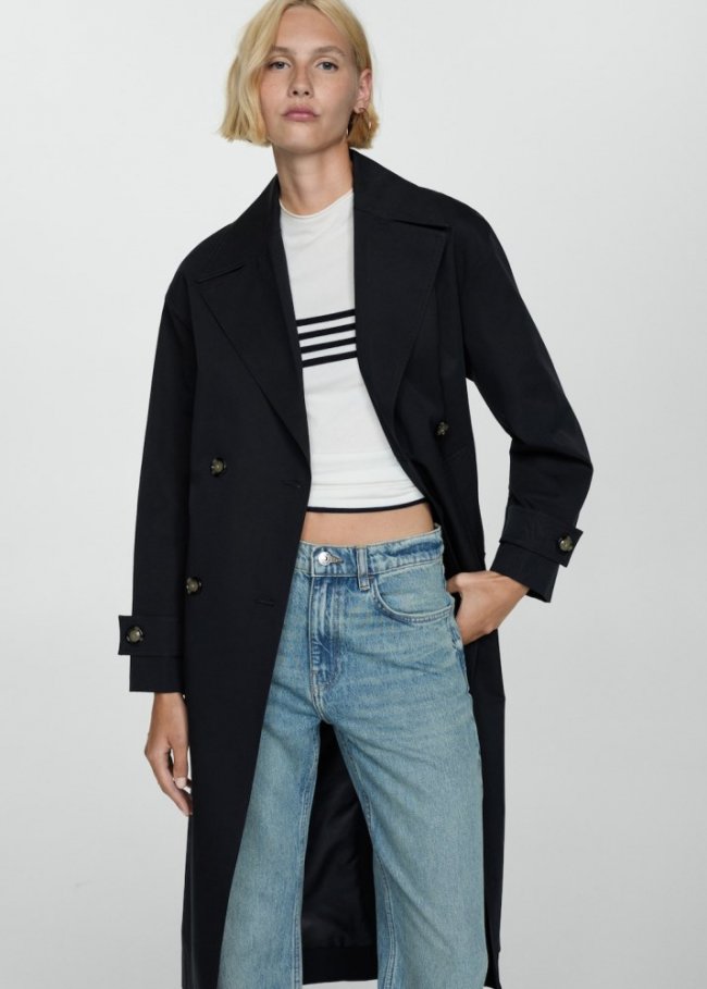 Mango Trench largo doble botonadura - Negro