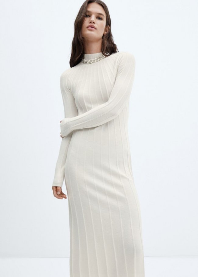Mango Vestido canalé cuello perkins - Crudo