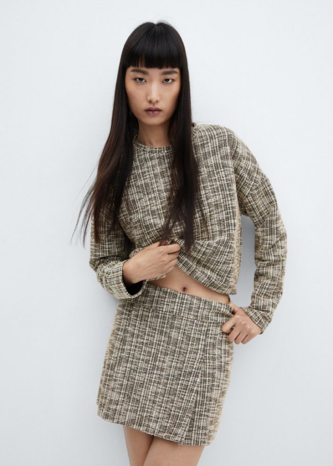 Mango Falda tweed jaspeada - Beige