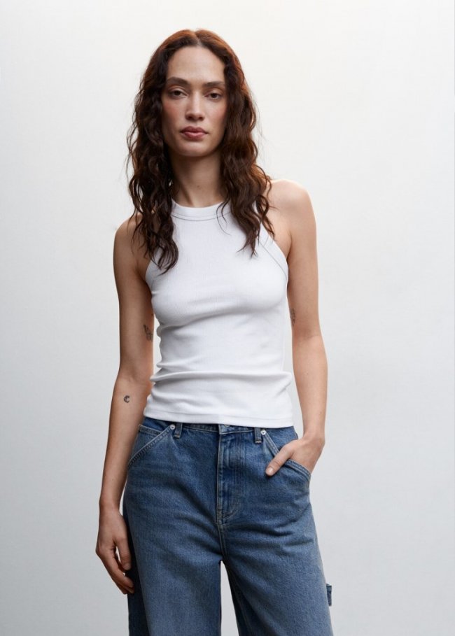 Mango Top canalé algodón - Blanco