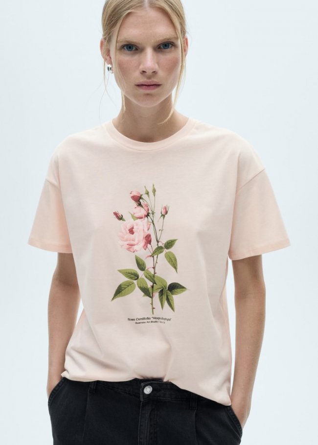 Mango Camiseta algodón flor estampada - Rosa palo