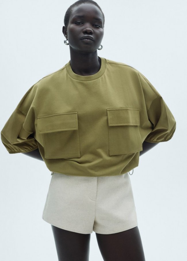 Mango Camiseta algodón bolsillos - Khaki