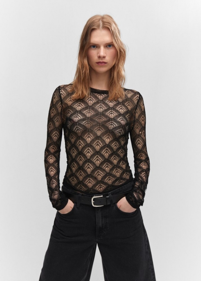 Mango Camiseta calados geométricos - Negro