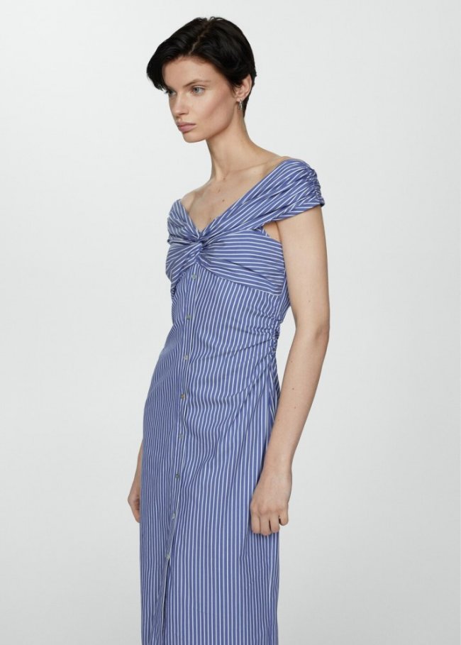 Mango Vestido rayas hombros descubiertos - Azul celeste