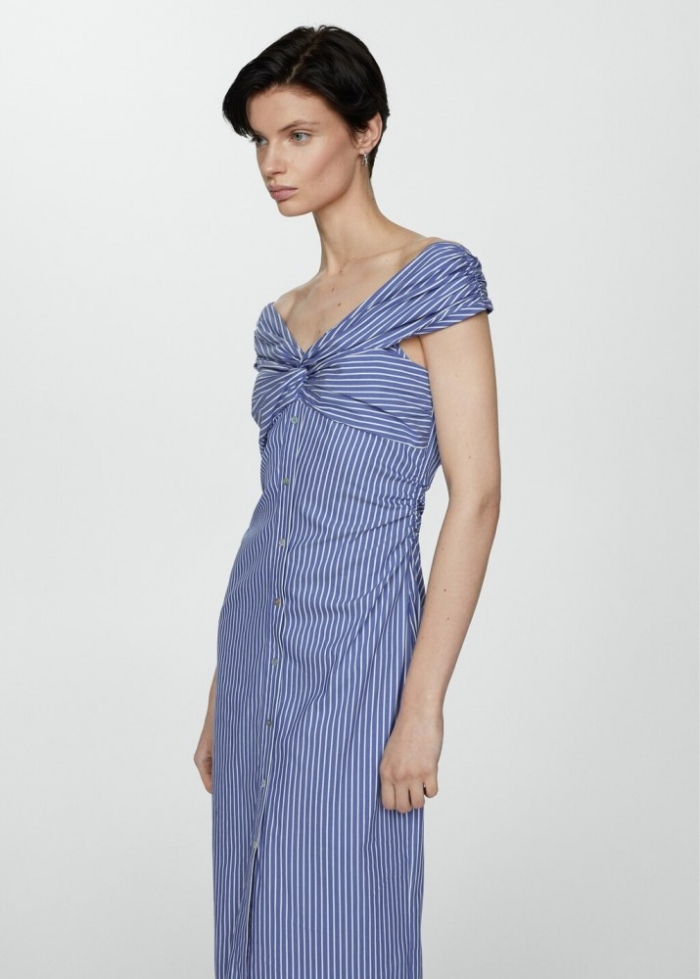 Mango Vestido rayas hombros descubiertos - Azul celeste