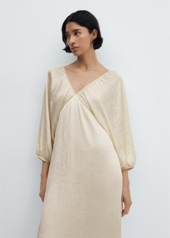 Mango Vestido satinado escote pico - Crudo