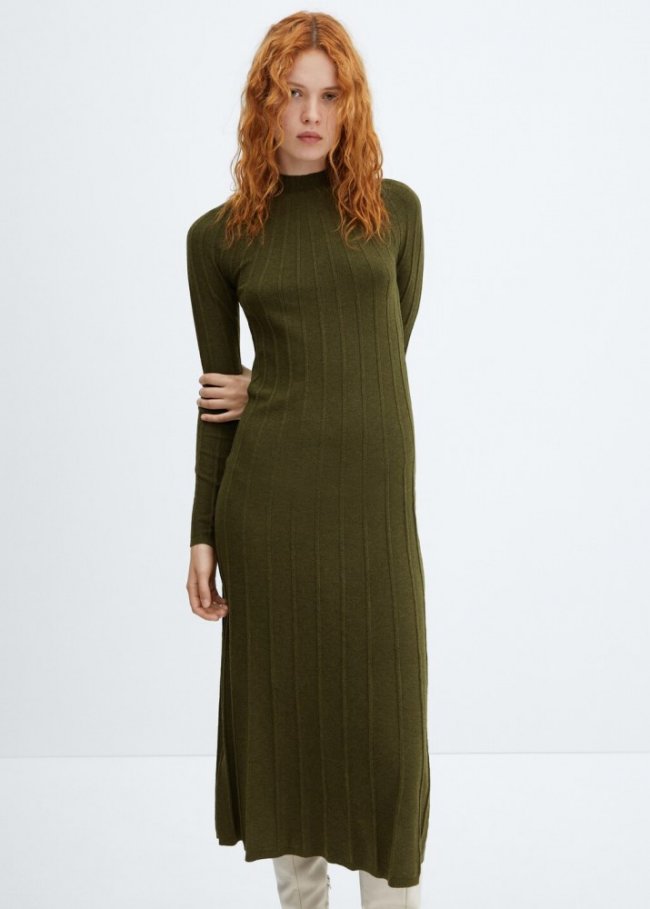 Mango Vestido canalé cuello perkins - Khaki
