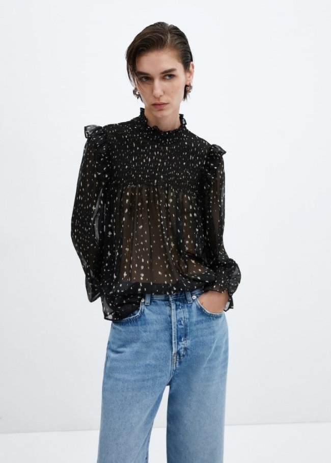 Mango Blusa estampada volantes - Negro