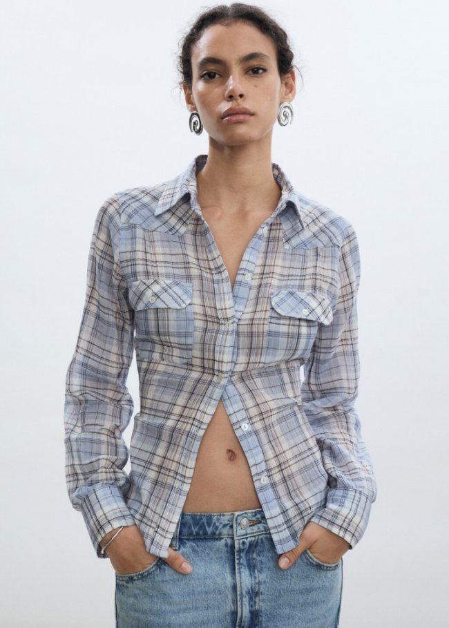 Mango Camisa algodón cuadros - Azul