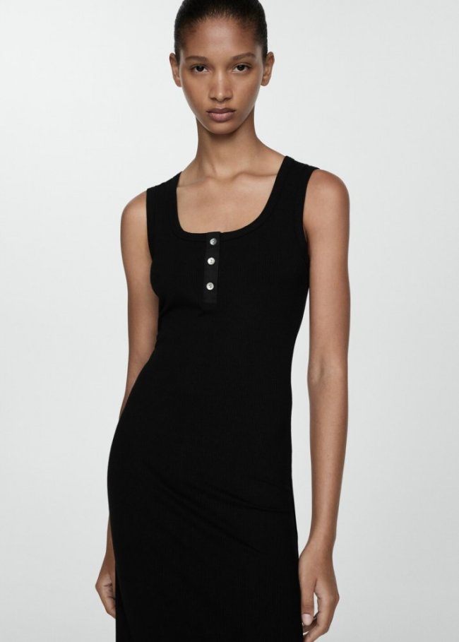 Mango Vestido canalé botones - Negro