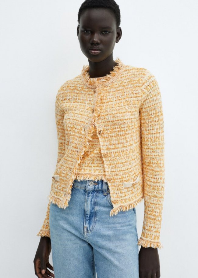 Mango Cárdigan tweed bolsillos - Amarillo pastel