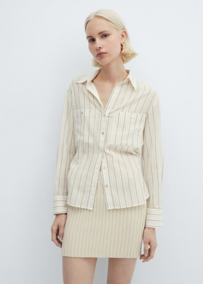 Mango Camisa rayas bolsillos - Blanco roto