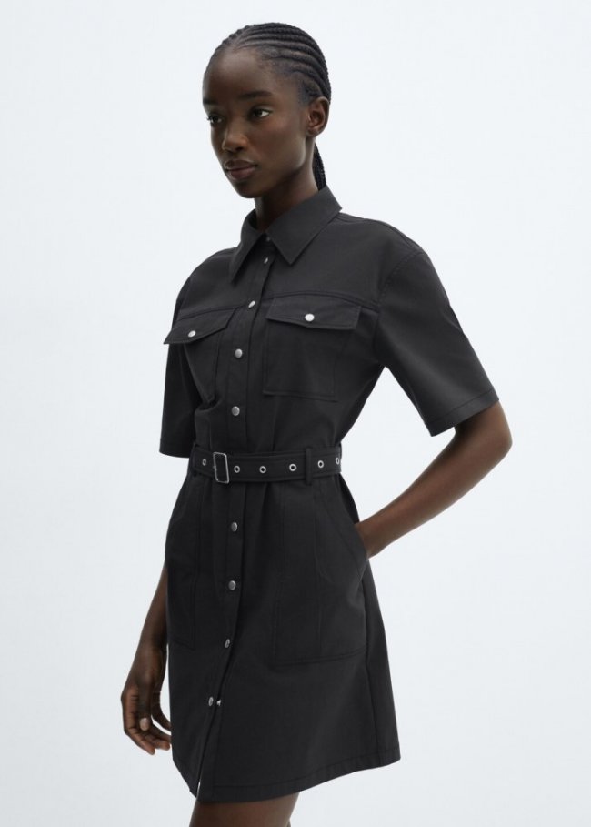 Mango Vestido camisero cinturón - Negro