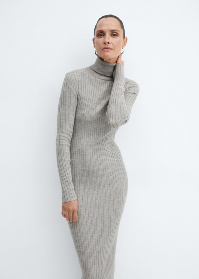Mango Vestido midi canalé cuello alto - Gris claro vigoré