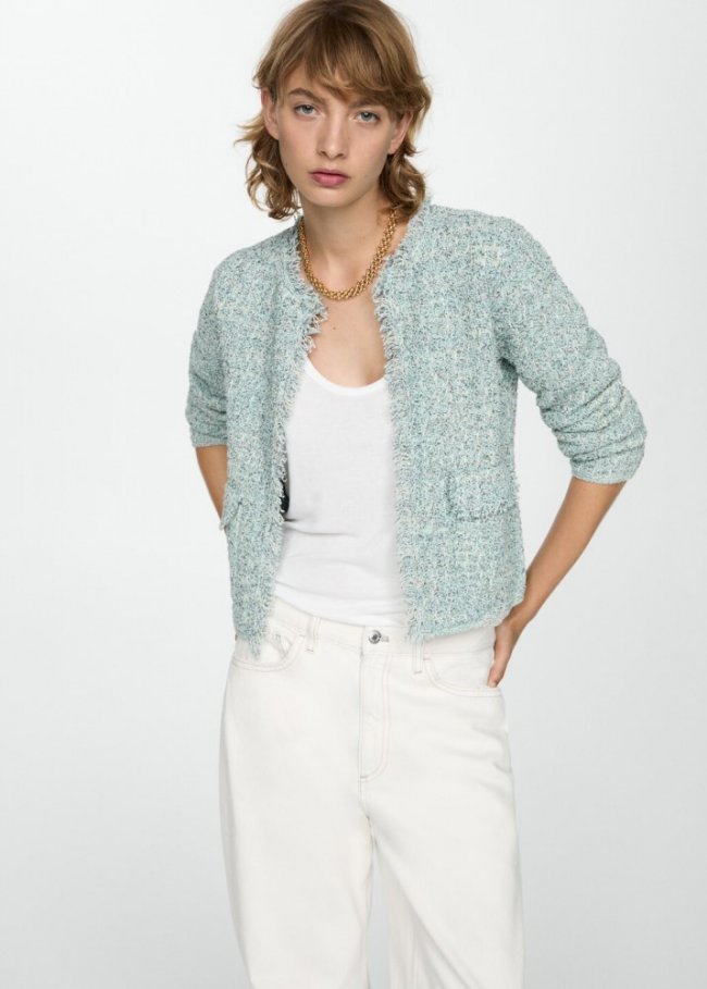 Mango Chaqueta tweed terminaciones deshilachadas - Verde agua