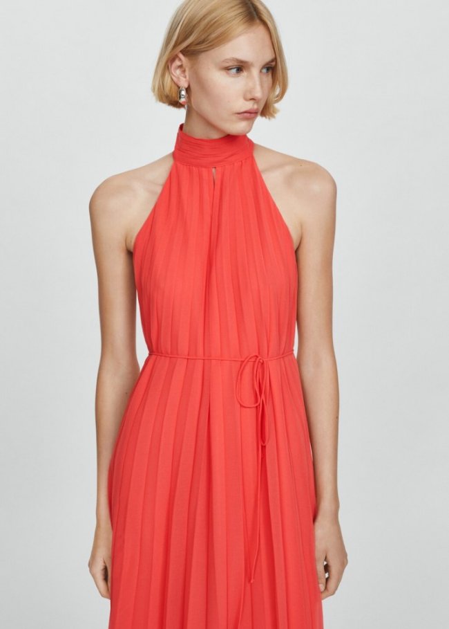 Mango Vestido plisado cuello halter - Rojo coral