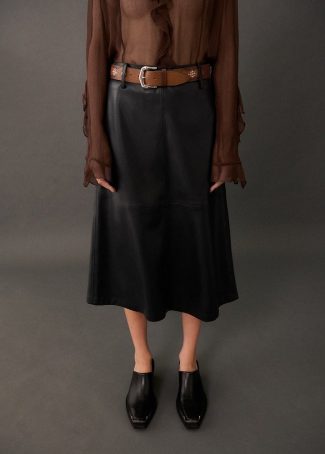 Mango Falda midi efecto piel - Negro