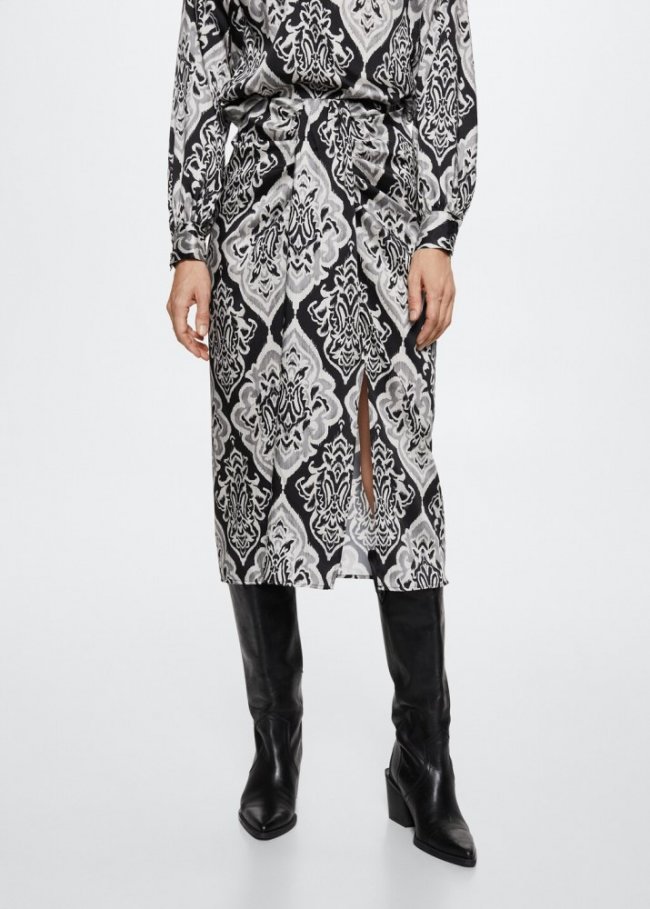 Mango Falda satinada estampada - Negro
