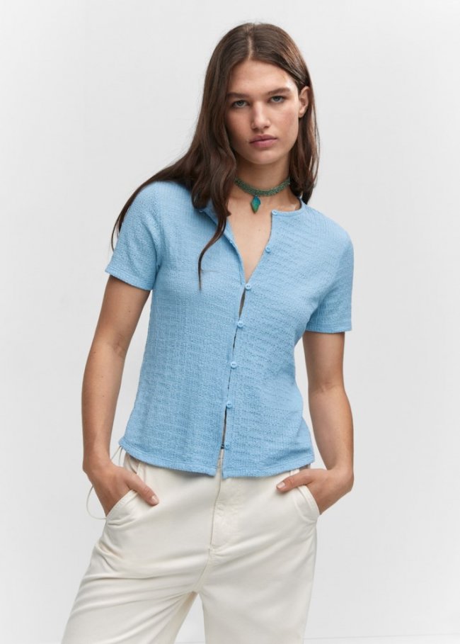 Mango Camiseta textura botones - Azul celeste