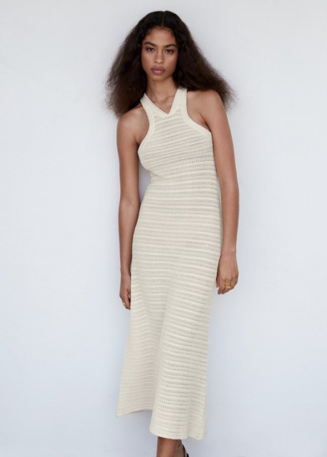 Mango Vestido crochet cuello halter - Crudo