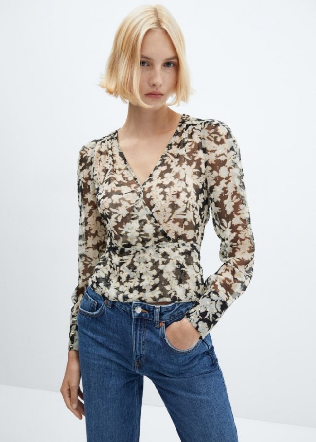 Mango Blusa cruzada estampado floral - Negro