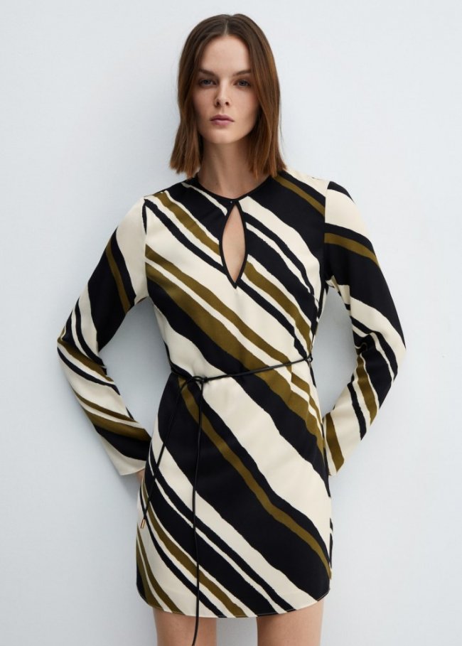 Mango Vestido rayas cinturón - Negro