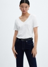 Mango Camiseta algodón cuello pico - Blanco