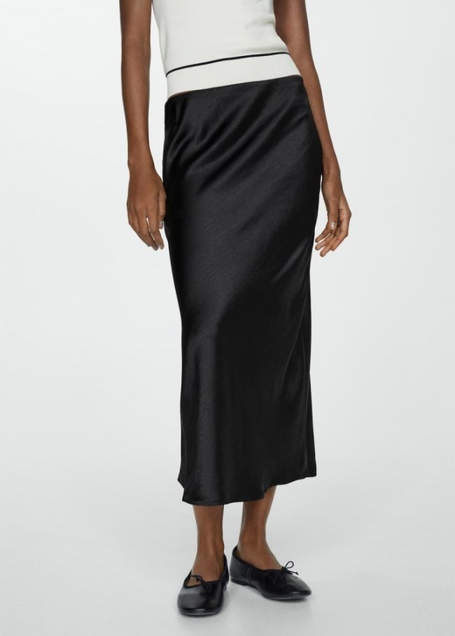 Mango Falda midi satinada - Negro