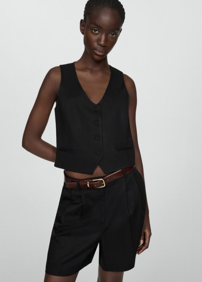 Mango Chaleco lino botones - Negro