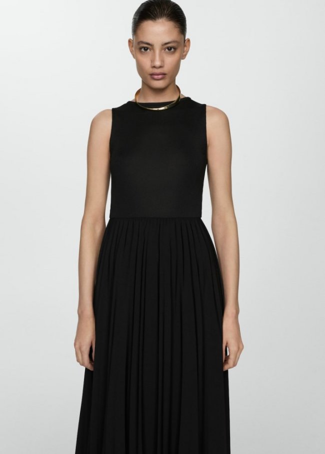 Mango Vestido bajo plisado - Negro