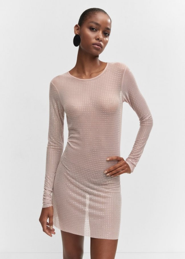 Mango Vestido malla detalle cristal - Rosa palo