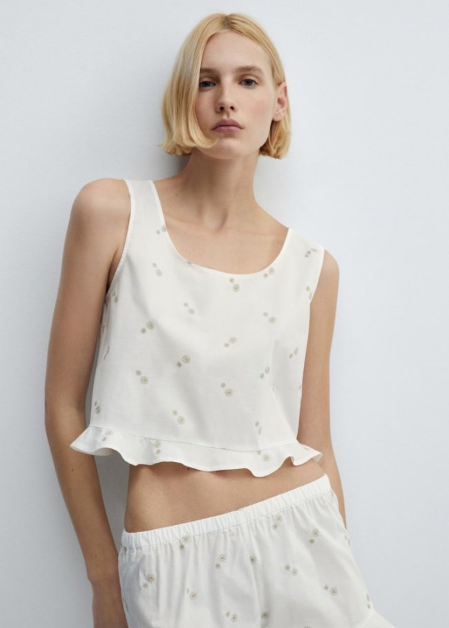 Mango Top pijama algodón bordado floral - Blanco roto