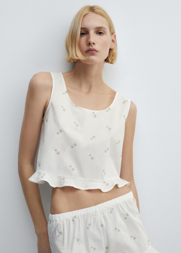 Mango Top pijama algodón bordado floral - Blanco roto