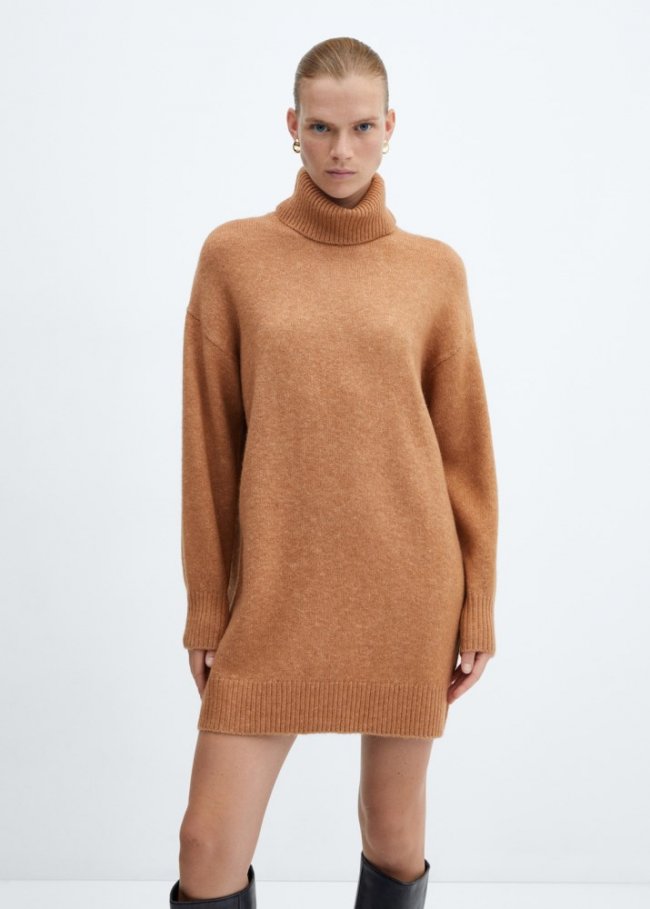 Mango Vestido punto cuello alto - Marrón medio