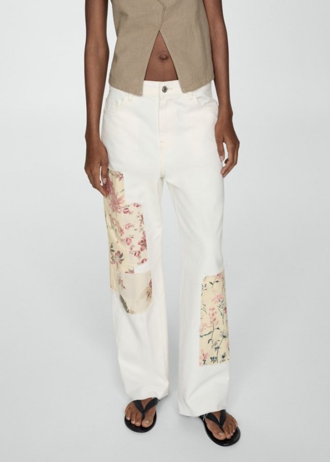 Mango Jeans rectos parches flores - Blanco roto